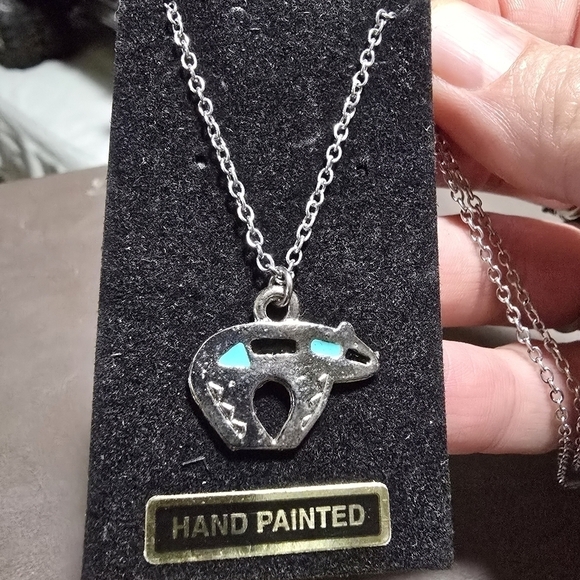 Jewelry - Hand painted Southwest Design Silver Tone Bear Pendant Necklace Sz 24"